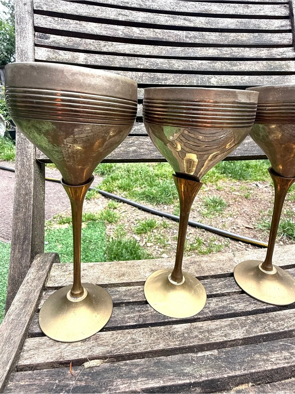 Four Vintage Tulip Ribbed Brass & Silver Plate Wine Goblets | Mid Century Modern
